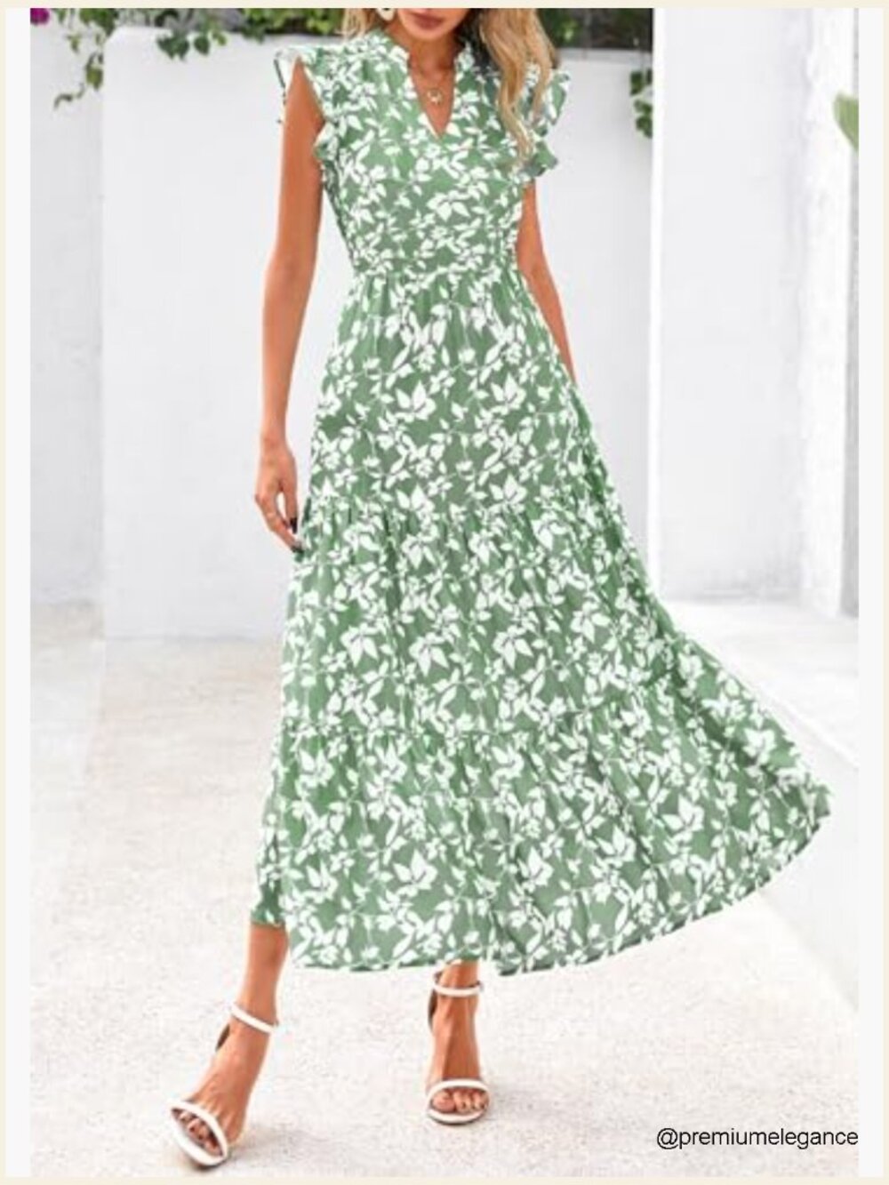 Floral Cap Sleeve Midi Dress V-Neck Ruffle Tiered Boho Summer - Picture 6 of 7